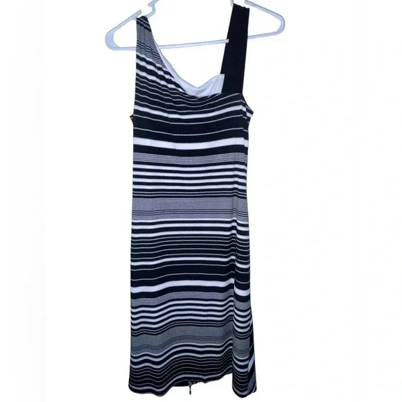 Joseph Ribkoff Striped Dress Asymmetrical Straps Black White Side Zip Size 6 - Picture 2 of 5